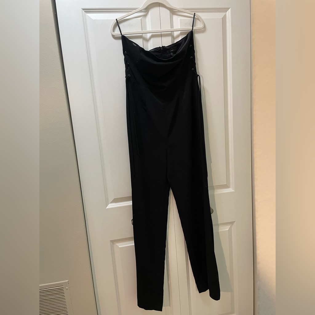 Forever 21 Large, Strapless Black Straight Leg Jumpsuit With Lacing On Sides
